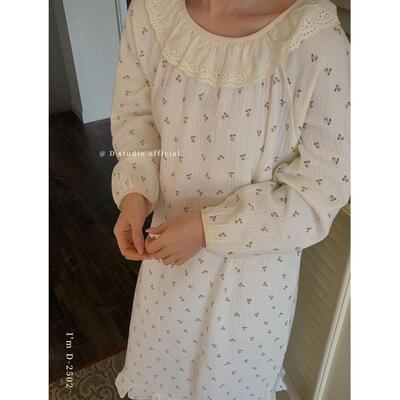 杜小宅春花烂漫小宅棉纱裙韩系睡裙复古碎花荷叶花边领家居服