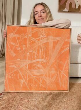 法式多巴胺高级感小众风装饰画线条抽象橙色现代餐厅墙壁挂画摆画