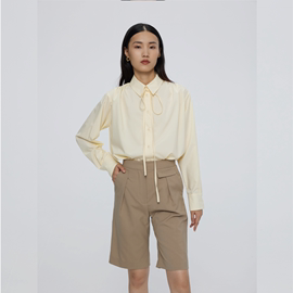 mest2022春夏浅黄色长袖，系带衬衫纯色，通勤单排扣棉质女上衣