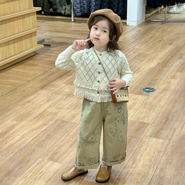 儿童韩版洋气流苏毛衣春装女童针织开衫外套时尚涂鸦直筒裤子