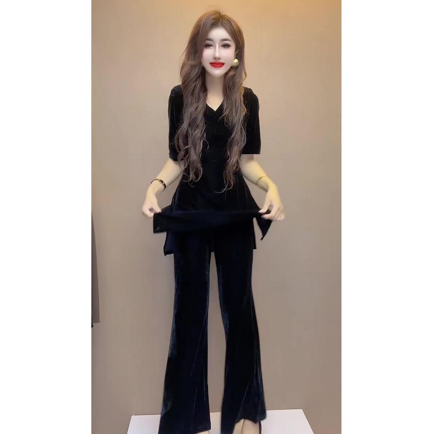 新品气质丝绒时尚套装女2026秋季新款显瘦V领上衣+微喇裤长裤两件