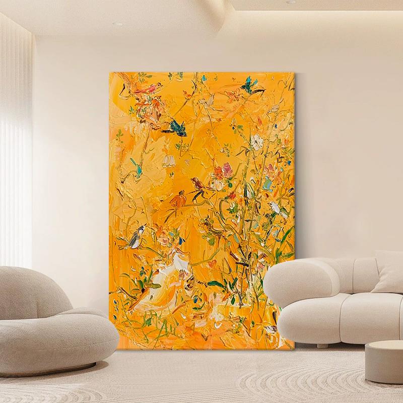 黄色花鸟图手绘油画客厅抽象艺术高级感装饰壁画玄关丙烯肌理挂画图片