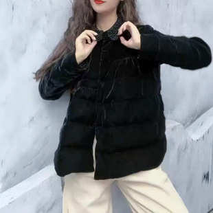 新款 241270大爱美依缘2025冬季 高级感黑色翻领丝绒棉服减龄外套女