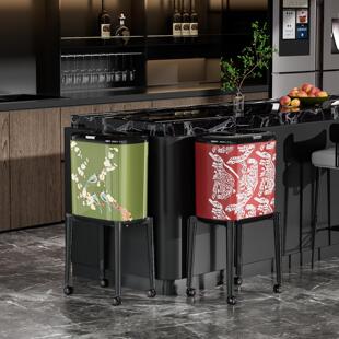 中古风复古轻奢带脚垃圾桶家用厨房高脚可移动垃圾桶大容量免弯腰