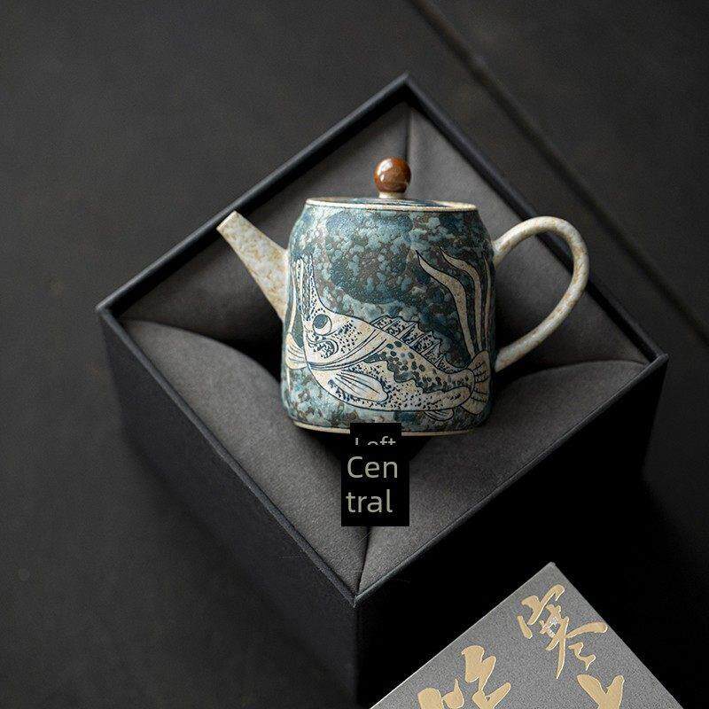 左阳覆古手绘茶壶单人泡茶单壶青花石鱼水藻图案经典陶瓷功夫茶具