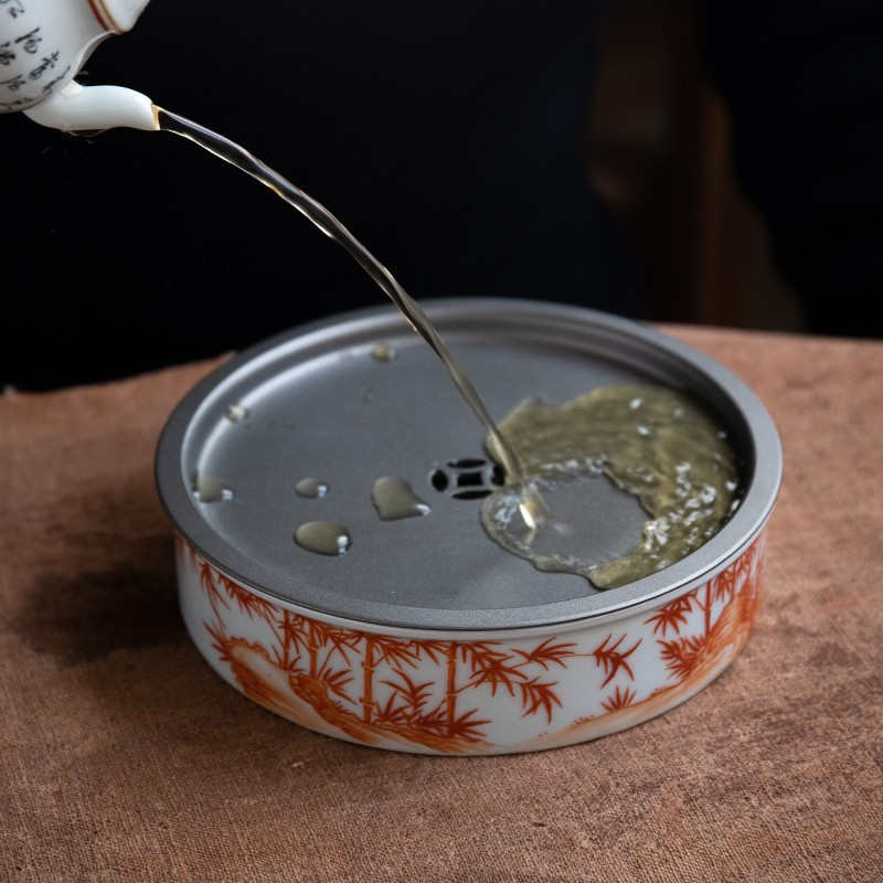 景德镇带盖壶承仿古釉干泡茶台矾红手绘储水养壶托盘功夫茶道配件