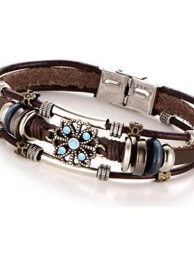 Vintage flower Turquoise mens Leather Bracelet绿松石皮手錬