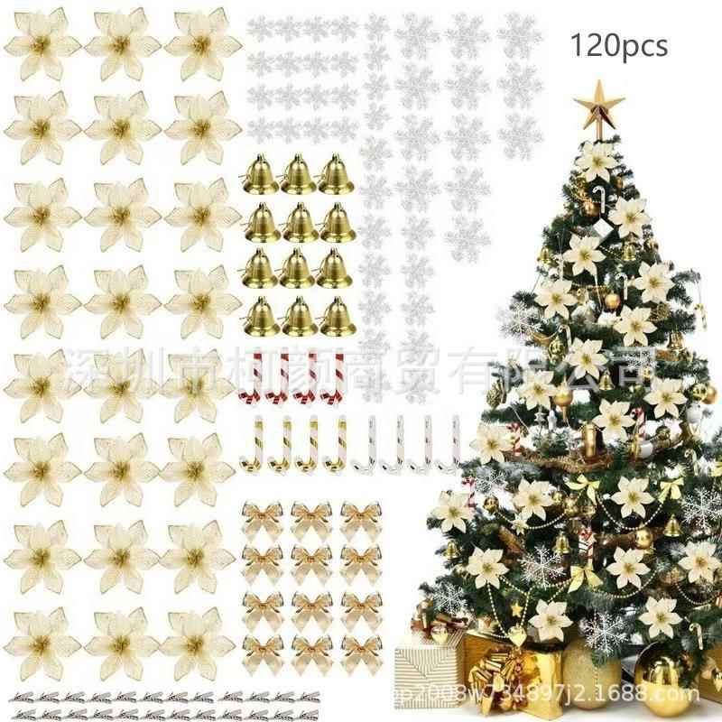 120pcs圣诞花圣诞树装饰圣诞新年装饰,带夹子和棍子装饰挂件