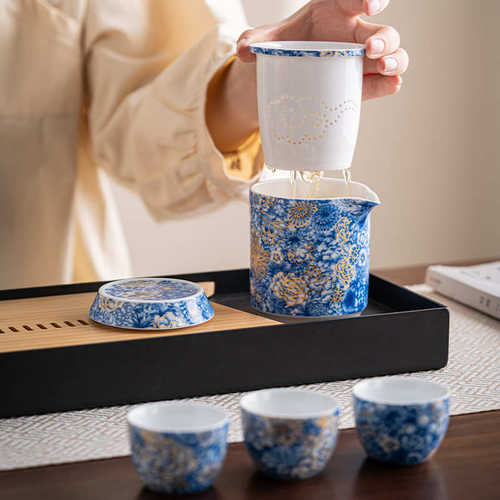 珐琅彩快客杯便携式一壶三杯户外旅行茶具套装实用商务伴手礼