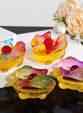 七彩琉璃鱼摆件 创意黄水晶琉璃金鱼工艺品招财摆件吉祥鱼