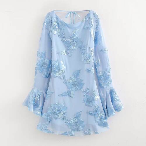 Women's long sleeved mesh three-dimensional floral dress