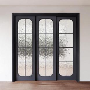 三联动木门推拉门实木复合烤漆门厨房阳台玻璃门中古风书房隔断门