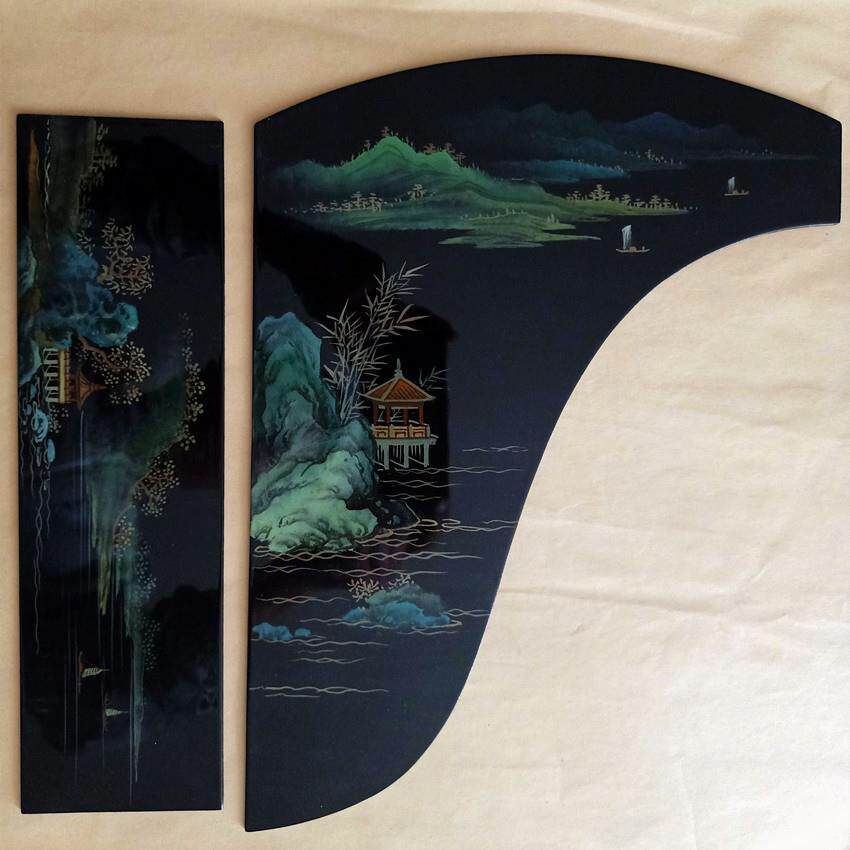 手工彩绘国风漆画古筝配件花板描金彩绘装饰画木质标准复古漆画板