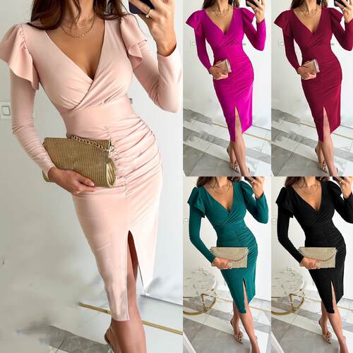 V-neck style waist cinching slit long sleeved jumpsuit
