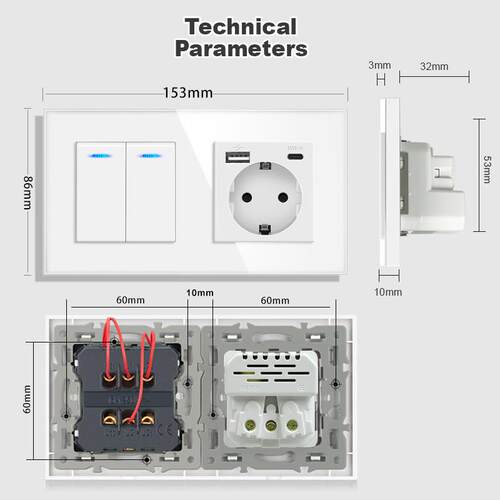 带拨动开关的插座220v16a壁式插座带usb153*86玻璃面板带灯开关