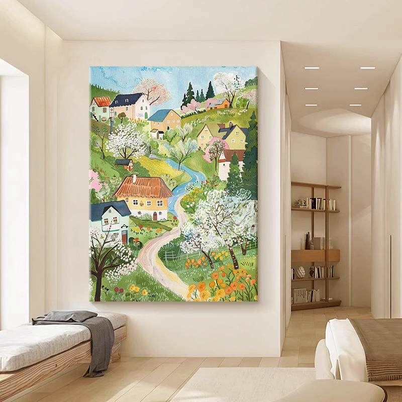 《童话镇的春天》田园装饰画乡村风景客厅抽象小众艺术感玄关挂画