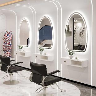 理发店镜台圆镜子理发店镜子柜子一体挂墙美发店带灯壁挂烫染镜子
