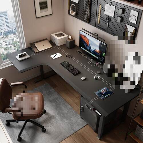 四腿转角电动升降L型皮面实木电竞书桌桌家桌电脑685办用公桌 - 封面