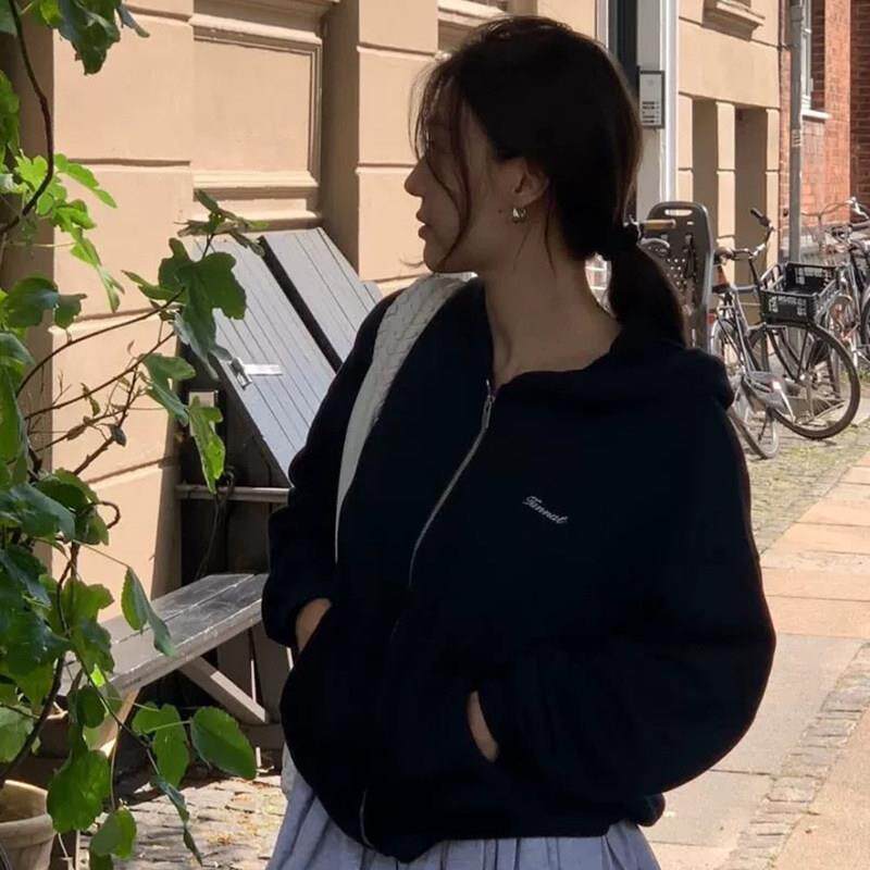 【现货】韩国tannat宽松高级感超好看纯色字母连帽外套女开衫卫衣