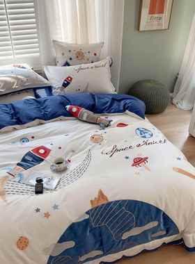 6件0xx003长绒棉纯棉四套全棉卡通火箭星孩空刺绣蓝色男儿S童套件