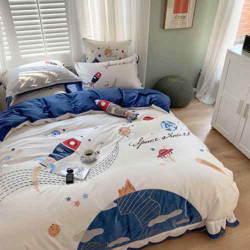 6件0xx003长绒棉纯棉四套全棉卡通火箭星孩空刺绣蓝色男儿S童套件