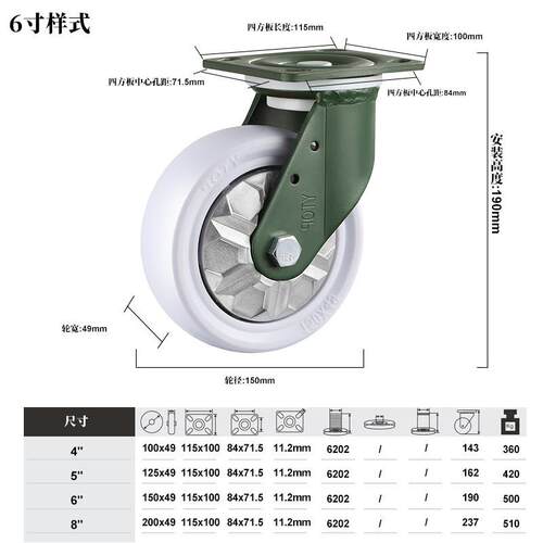 YTOP卓烨4/5/6/8寸锰钢脚轮机器械重型设备物流工厂聚丙烯PP轱辘