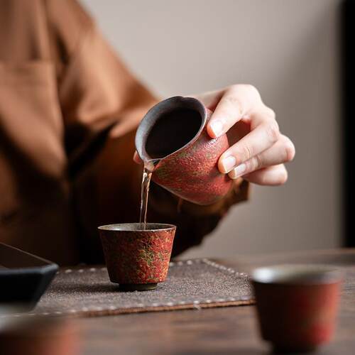 老岩泥满山红赭石釉公道杯 高档茶水分离杯岩矿釉家用女士分茶器