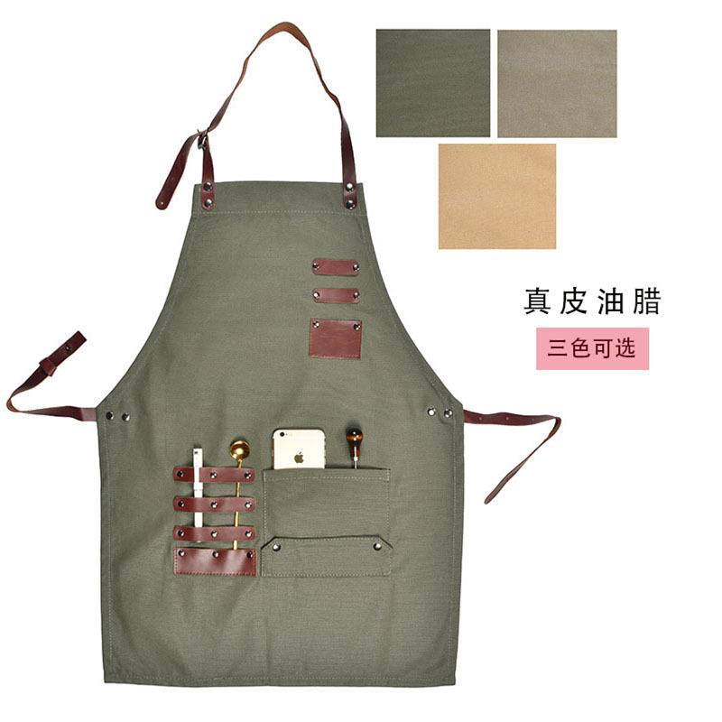 油蜡帆布多口袋围裙 工具收纳涂蜡 咖啡店奶茶店工作服围裙