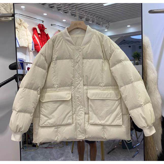 欧洲站螺纹圆领羽绒服女短款加厚宽松冬季新款时尚休闲白鸭绒外套