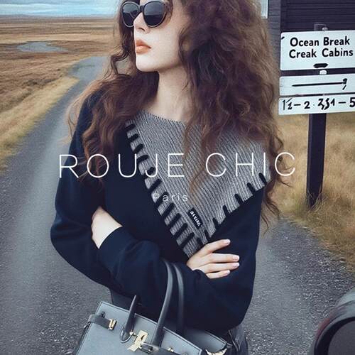 ROUJE CHIC法式撞色不规则假两件拼接卫衣女春季休闲百搭长袖毛衣