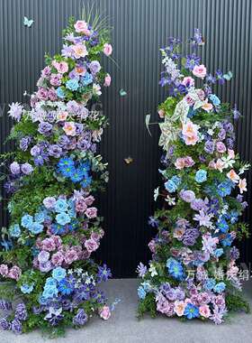 莫奈的蓝紫色新款婚庆花架牛角门户外婚礼布置拱门花结婚背景装饰