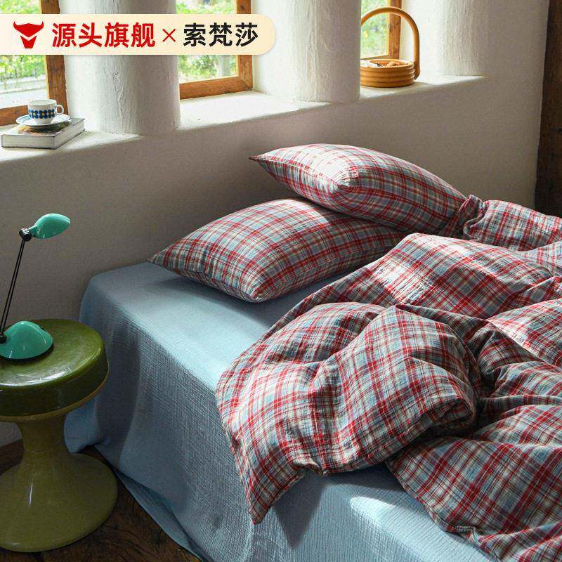 复古风全棉色织双层纱格纹四件套中古纯棉纱布100精梳棉床被套