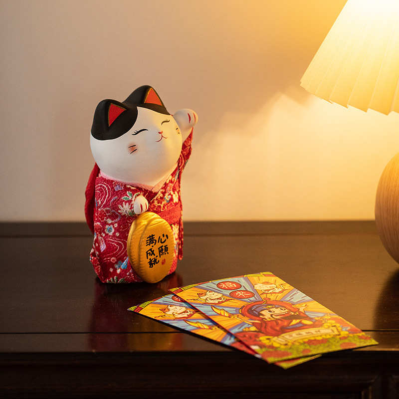 日式喵侍可爱客厅家居装饰品和服招财猫陶瓷摆件新年乔迁新居礼品