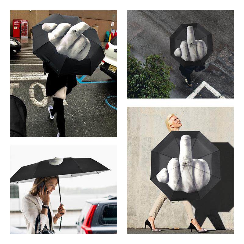 现货折叠创意个性竖中指三折银胶手动太阳伞搞怪图案便携学生雨伞