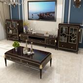 美式 小户型实木客厅地柜黑色奢华 轻奢茶几电视柜组合现代简约欧式