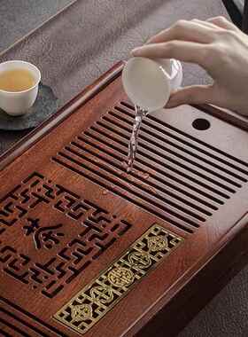 中花梨实木式茶盘家用35546储简排水两用约办公喝水茶干泡茶台茶