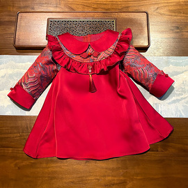 周岁女宝宝礼服秋冬长袖中国风，旗袍秋装女童洋气红色生日宴公主裙