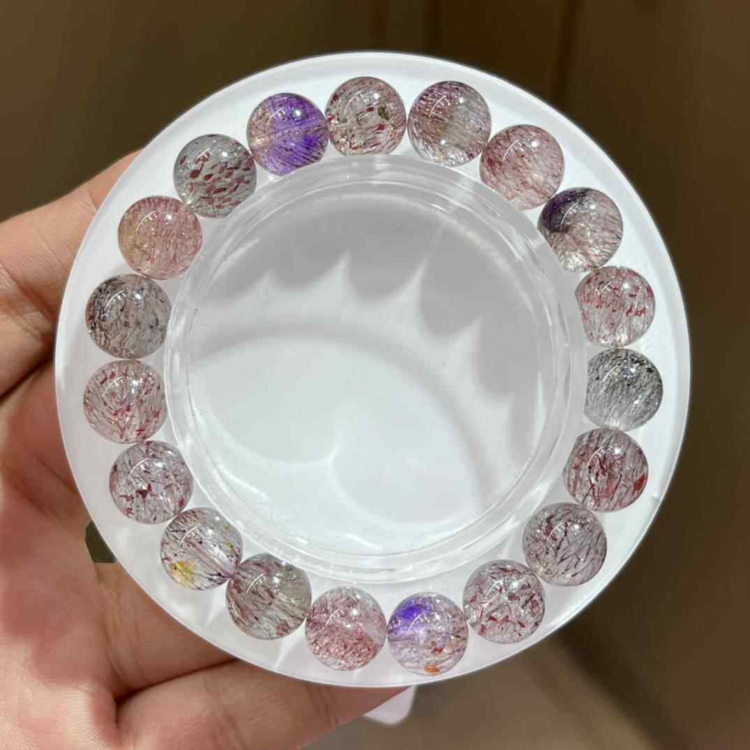 天然超七彼岸花手链金草莓晶紫红黑发晶手串男女珠链规格10mm左右