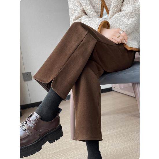 专柜九分毛呢裤女秋冬季小个子高腰休闲直筒裤加绒加厚烟管西装裤