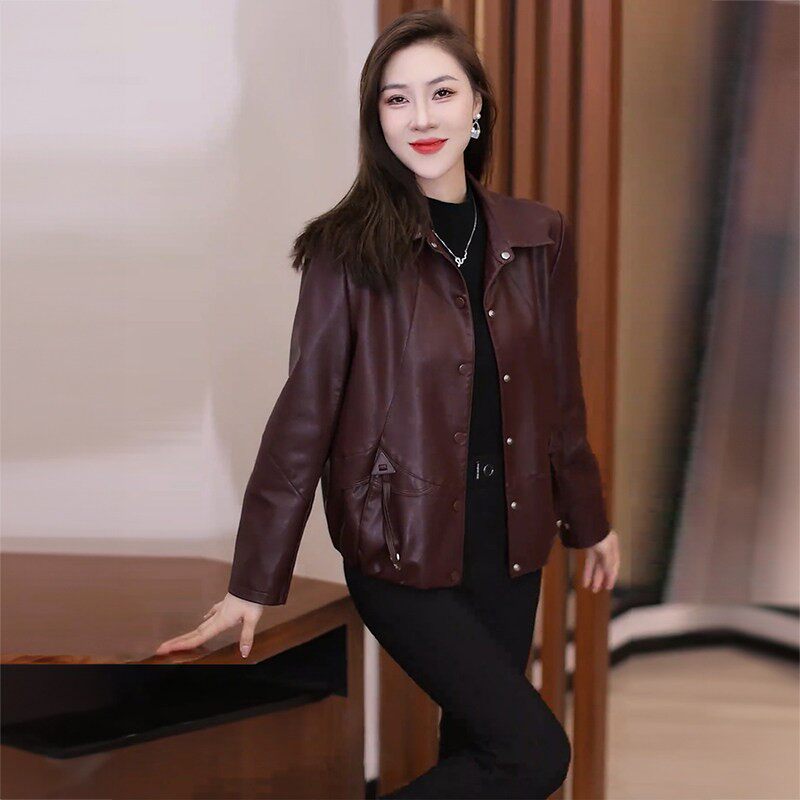 时尚翻领短款皮衣外套女2025秋冬新款洋气百搭宽松显瘦遮肉皮夹克