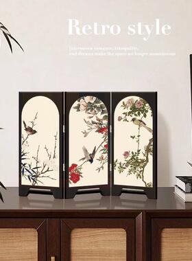 中古风花鸟墨竹折叠屏风桌面摆件新中式茶桌客厅餐边柜斗柜小摆画