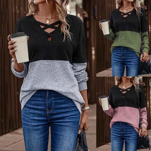 Lune Two-Tone Cross Front Drop Shoulder Pullover Knitwear