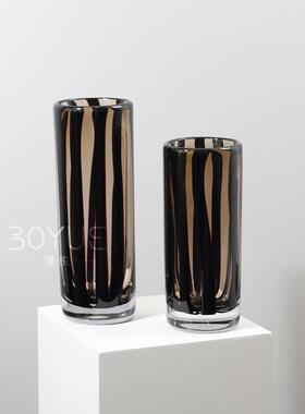 现代简约风黑色棕色条纹琉璃直筒花瓶样板间客厅家居软装饰品摆件