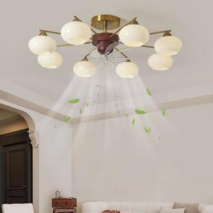 中古风扇灯北欧客厅吸顶风扇灯复古胡桃木纹摇头静音电扇魔豆灯具