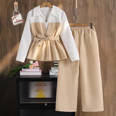 Girls Contrast Sleeve Shirt Fitted Elastic Waist Pants Set