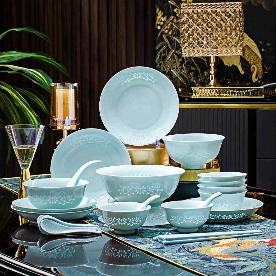 景德镇高温釉下彩青瓷玲珑缠枝莲高端奢华乔迁家用盘子碗餐具套装,餐饮具,餐具瓷器套装,淘宝优惠券,粉丝福利购,淘宝优惠卷