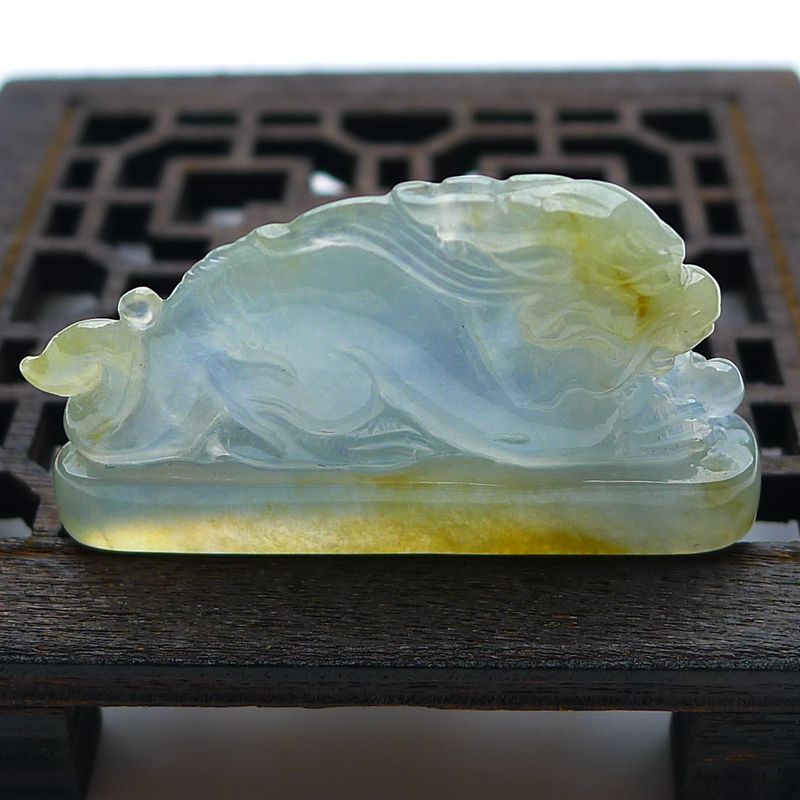 正品缅甸裸石皮休挂件冰种玉翡翠黄翡貔貅双彩吊坠6.12g