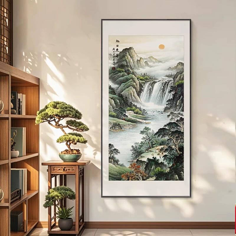 旭日东升玄关挂画新中式入户正对门竖版山水画靠山图镇宅风水画