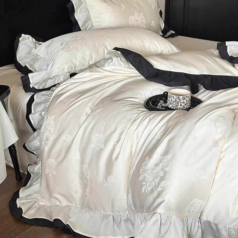 复古法式风100S长绒棉全棉四件套浪漫玫瑰提花纯棉被套床上用品