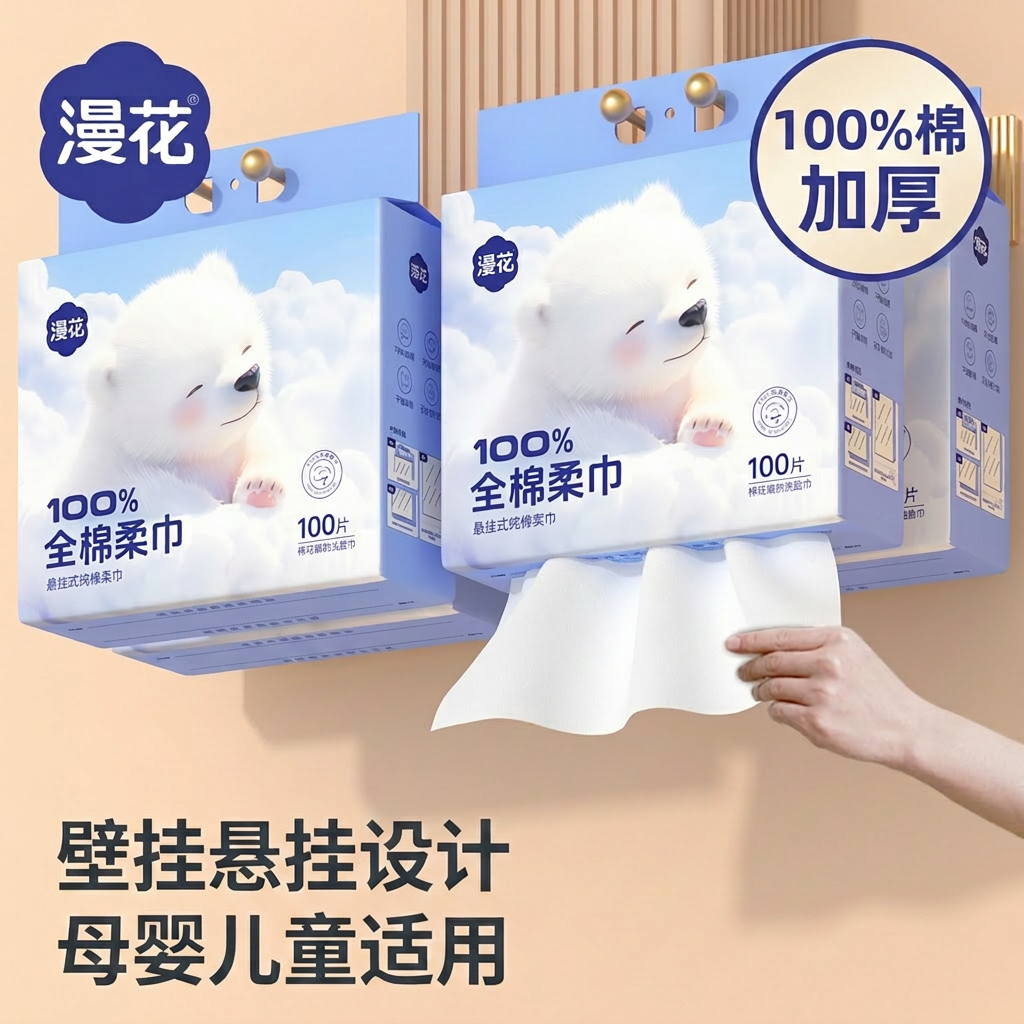 漫花100%纯棉洗脸巾加厚壁挂式全棉柔巾母婴儿童大包装